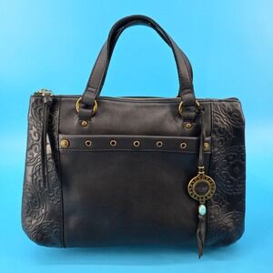 The Sak Collective Black Leather Embossed Floral Satchel Handbag Brass Hardware
